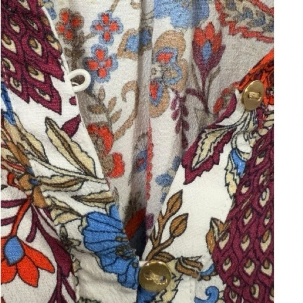 LOFT Womens Peacock Floral Ruffle Sleeve Henley Blouse Multicolor Top Size XL‎